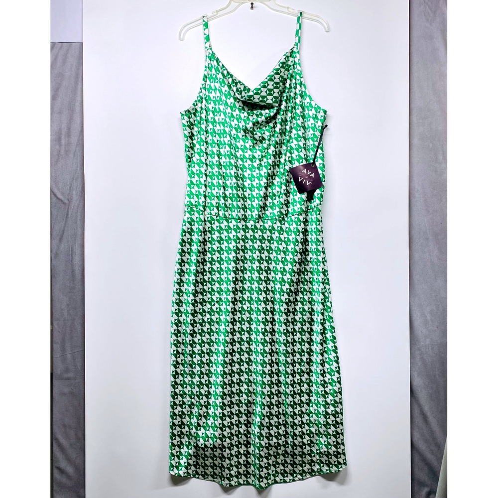 AVA & VIV Green White Cowl Geometric Satin Sleeveless‎ Slip Dress  Midi 2X NEW